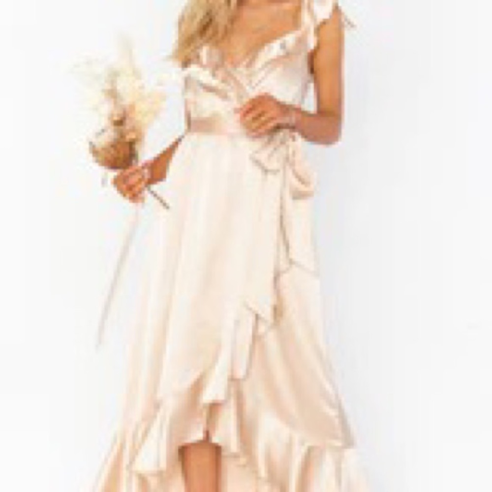 NWT- Show Me Your Mumu Samantha Ruffle Wrap Dress  Champagne Luxe Satin-Size XS